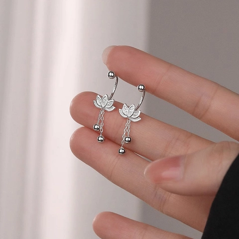 Lotus Flower Tassel Stud Earrings Silver Plated Copper New Chinese Style Minimalist Elegant Jewelry Women