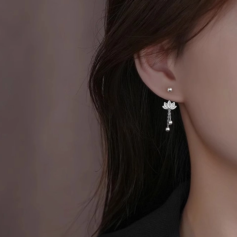 Lotus Flower Tassel Stud Earrings Silver Plated Copper New Chinese Style Minimalist Elegant Jewelry Women