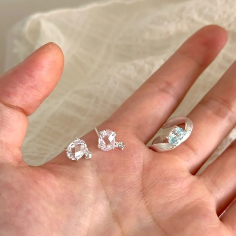 Verstelbare Koperen Ring Verzilverd Ovalen Lichtblauwe Zirkonia Getextureerde Band Minimalistische Elegante Sieraden Voor Dames