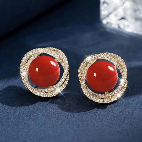 Vintage Red Round Bead Stud Earrings Copper With Micro Pave White Zircon Elegant Jewelry For Women