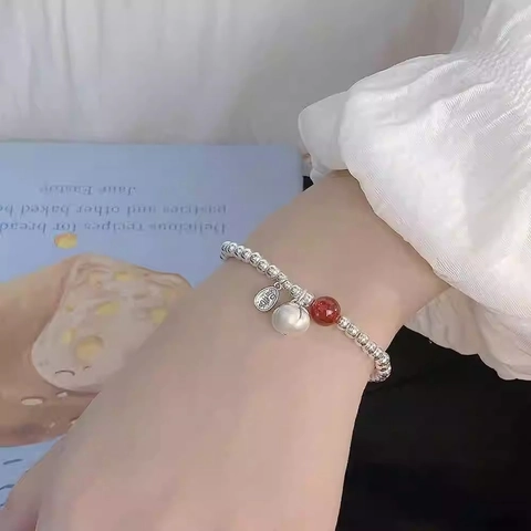 Chinesischer Stil Persimmon Perlenarmband Kupfer Roter Achat Und Muschelperle Glücksbringer Elastischer Schmuck