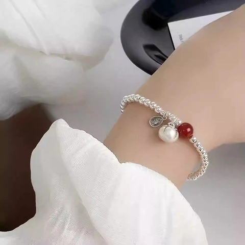 Chinesischer Stil Persimmon Perlenarmband Kupfer Roter Achat Und Muschelperle Glücksbringer Elastischer Schmuck