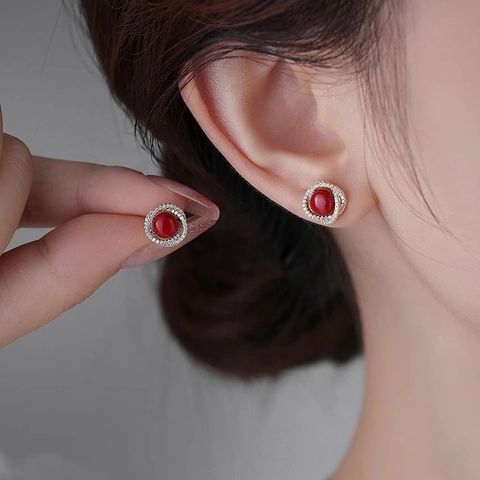 Vintage Red Round Bead Stud Earrings Copper With Micro Pave White Zircon Elegant Jewelry For Women