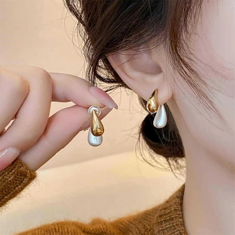 Minimalist Two-Tone Waterdrop Stud Earrings For Women Retro Double Layer Matte Silver And Shiny Gold Plated Copper