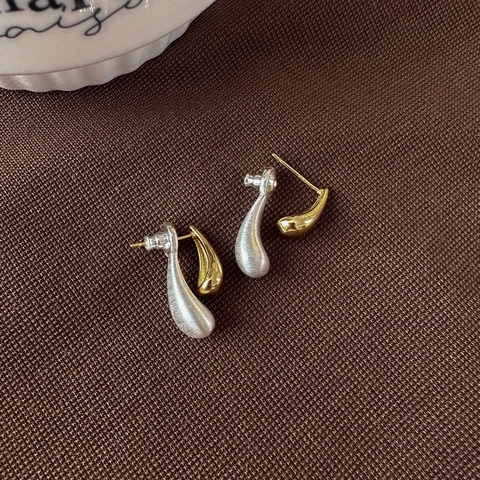 Minimalist Two-Tone Waterdrop Stud Earrings For Women Retro Double Layer Matte Silver And Shiny Gold Plated Copper