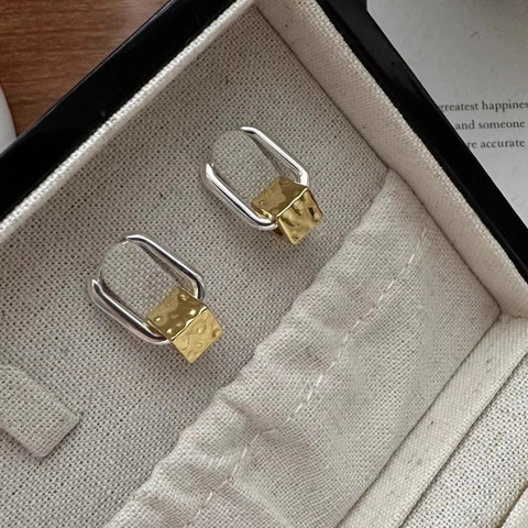 Boucles D'oreilles Créoles Carrées Géométriques Or Argent Contraste Texture Martelée Cuivre Pour Femmes Bijoux De Niche Chic