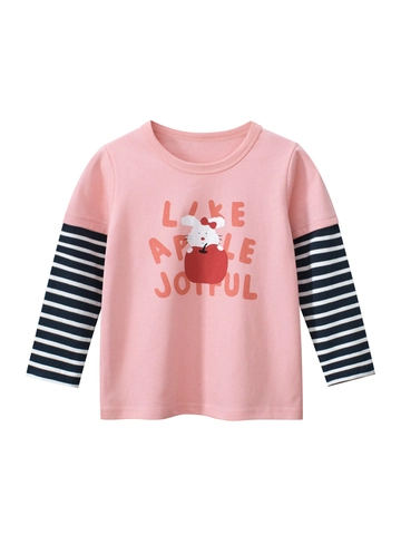 Mädchen Baumwolle Langarm T-Shirt Cartoon Hase Apfel Druck Gestreiftes Patchwork Fake-Zweiteiler Lässiges Kleinkind Oberteil