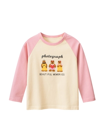 Maglietta da Bambina in Cotone a Maniche Lunghe con Stampa Orso Raglan Casual Traspirante Girocollo Top per Bambini Autunno