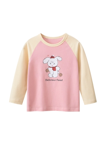 Camiseta de Manga Larga Casual para Niñas 100 Algodón Manga Ranglán Rosa Beige Color de Contraste Estampado de Cachorro Niños