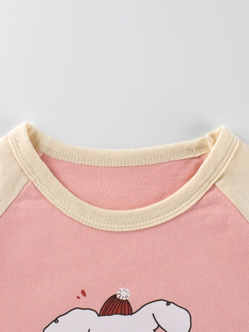 Camiseta de Manga Larga Casual para Niñas 100 Algodón Manga Ranglán Rosa Beige Color de Contraste Estampado de Cachorro Niños