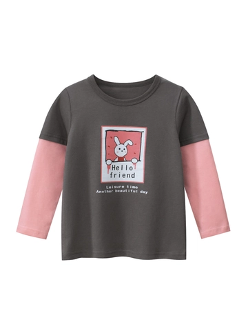 T-Shirt À Manches Longues Pour Filles Pur Coton Faux Deux Pièces Imprimé Lapin De Dessin Animé Col Rond Couche De Base