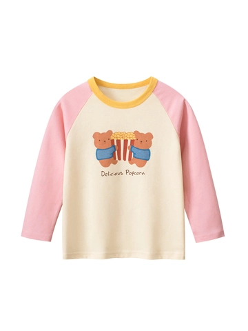 Camiseta De Manga Larga Para Niñas Algodón Raglán Color Contraste Oso Dibujos Animados Popcorn Cuello Redondo Top Infantil