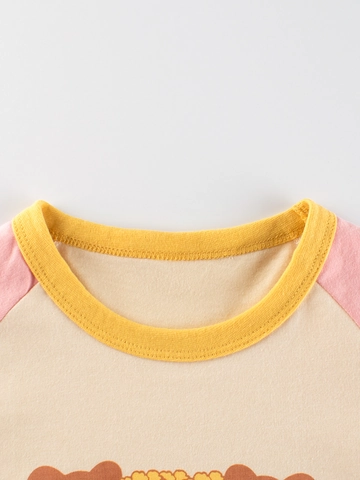 Camiseta De Manga Larga Para Niñas Algodón Raglán Color Contraste Oso Dibujos Animados Popcorn Cuello Redondo Top Infantil