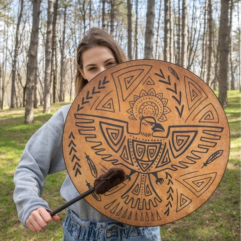 Shamanic Hand Drum Eagle Totem Tree Of Life Wood Frame Faux Sheepskin Percussion Instrument With Beater Ritual Decor Ethnic
