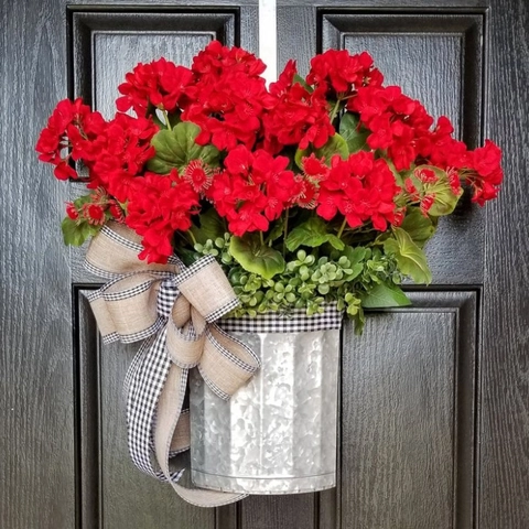 Artificial Red Flower Hanging Basket Wreath Galvanized Metal Bucket Buffalo Plaid Bow Rustic Farmhouse Door Wall Decor