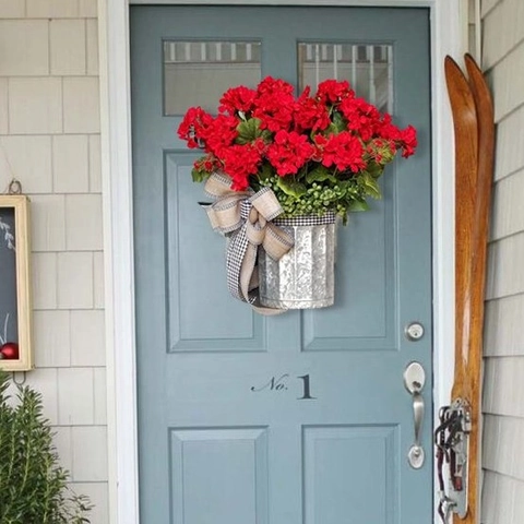 Artificial Red Flower Hanging Basket With Metal Bucket And Burlap Bow For Front Door Wall Farmhouse Decor