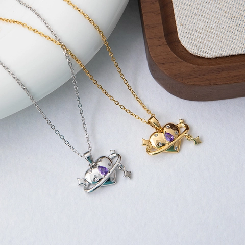 Heart Planet Saturn Pendant Necklace With Zirconia Stainless Steel Chain Gold Silver Starry Heart Jewelry For Women
