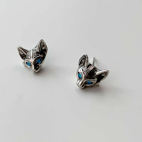 Vintage Punk Sphynx Kat Oorknopjes Koper Met 925 Sterling Zilveren Oorsteker Blauwe Ogen Retro Sieraden