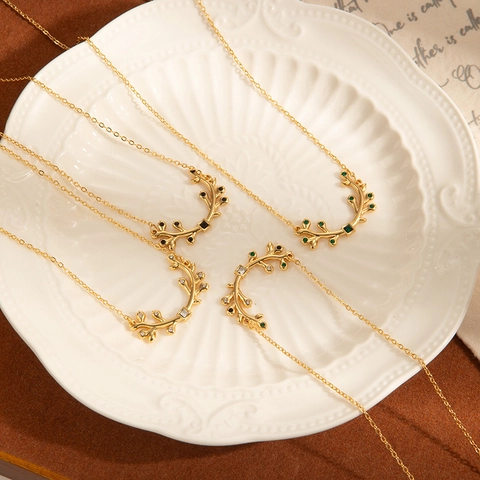 Olive Branch Leaf Necklace Titanium Steel Zircon Gemstone Inlaid Forest Style Pendant Jewelry For Women