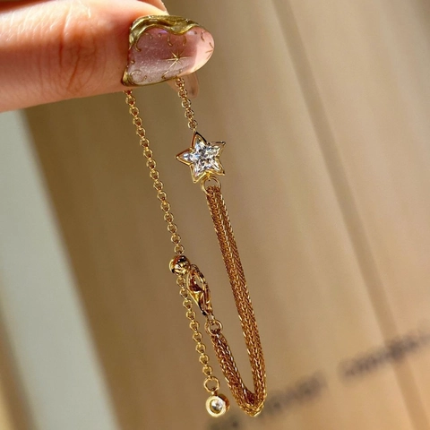 Pulsera De Estrella Cometa Asimétrica De Cobre Con Colgante De Pentagrama De Circón Joyería De Cadena Elegante Mujer