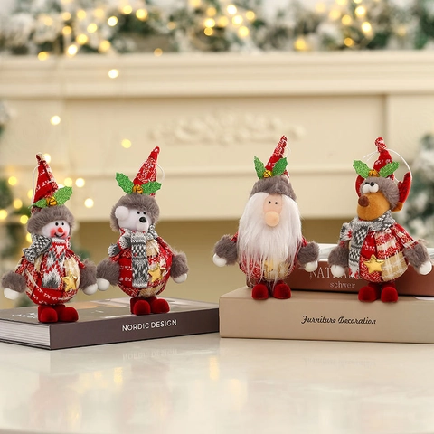 Ciondoli Natalizi in Peluche Stoffa Scozzese Babbo Natale Pupazzo di Neve Renna Orso Bambole per Decorazione Albero Natale