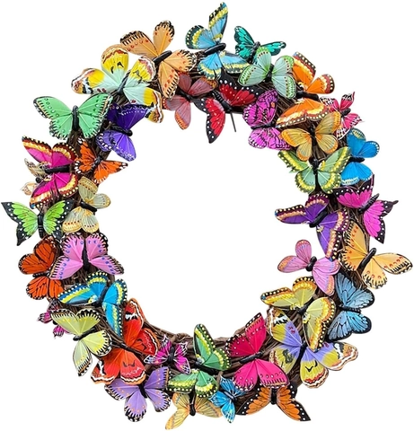 Spring Butterfly Wreath Artificial Colorful Butterfly Decor Rattan Base Floral Garland For Front Door Wall Easter Home Party Decor