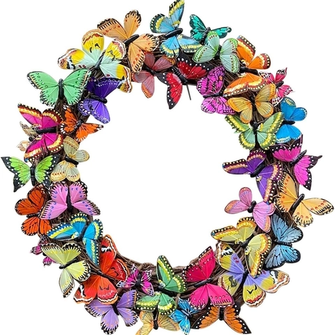 Artificial Butterfly Wreath Colorful Realistic Rattan Vine Hanging Decoration For Door Wall Easter Spring Decor