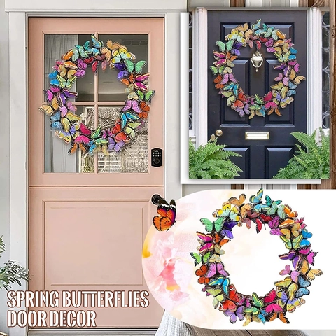 Artificial Butterfly Wreath Colorful Realistic Rattan Vine Hanging Decoration For Door Wall Easter Spring Decor