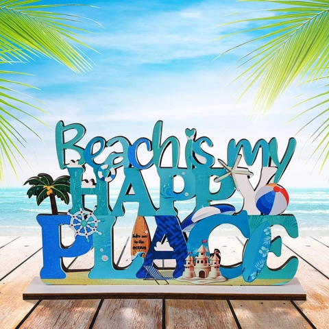 Decorazione da Tavolo in Legno Spiaggia Beach Is My Happy Place Lettera Ornamento Palma Surf Decor Per Casa Costiera Festa