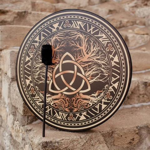 Handmade Shaman Frame Drum With Drum Stick Celtic Tree Of Life Triquetra Pattern Nordic Rune Round Hand Drum For Meditation Music Home Decor Gift
