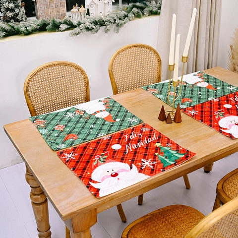 Christmas Placemat Red Green Plaid Santa Claus Snowman Print Non-woven Fabric Table Mat For Holiday Party Dining Decor