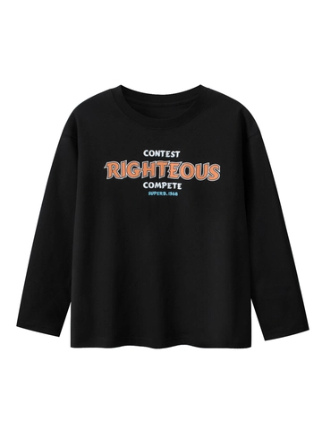 Jungen Langarm Baumwolle T-Shirt Casual Amerikanischer Streetwear Buchstaben-Druck Rundhals Locker Herbst Top Schwarz