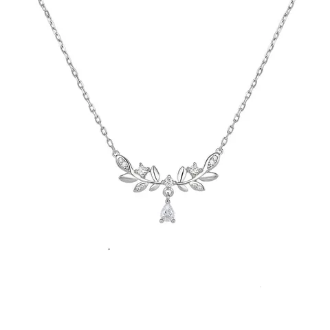 Laurel Leaf Branch Pendant Necklace For Women Copper Zircon Inlaid Water Drop Elegant Jewelry Lucky Wheat Ear