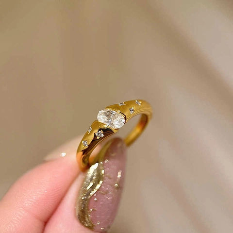 Retro Kupferring Mit Ovalem Zirkon Sternenschliff Funkelndem Straßstein Verstellbar Offener Schmuck Für Damen