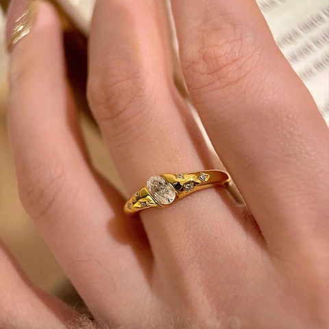 Retro Kupferring Mit Ovalem Zirkon Sternenschliff Funkelndem Straßstein Verstellbar Offener Schmuck Für Damen