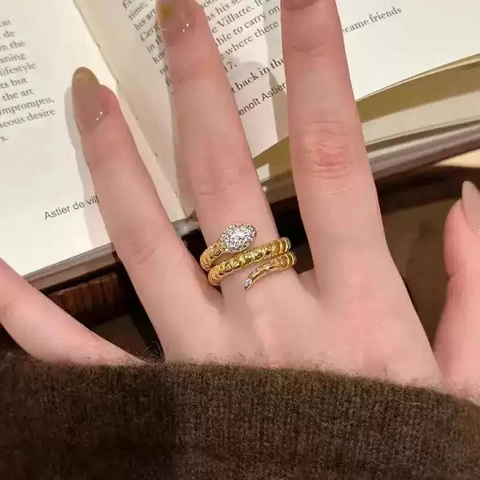 Vintage Snake Wrap Ring Gold Plated Copper Pave Zirconia Spiral Serpent Adjustable Open Finger Jewelry For Women