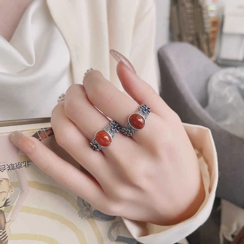 Begonia Flower Open Ring Copper Retro Chinese Style Imitation Red Agate Blue Enamel Adjustable Jewelry For Women
