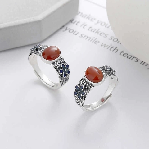 Begonia Flower Open Ring Copper Retro Chinese Style Imitation Red Agate Blue Enamel Adjustable Jewelry For Women