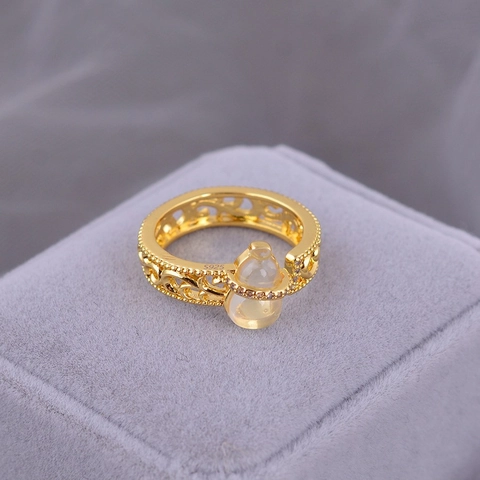 Bague Ajustable Vintage Pour Femmes En Cuivre Plaqué Or Filigrane Avec Pierre De Jade Blanc Et Zircone Cubique