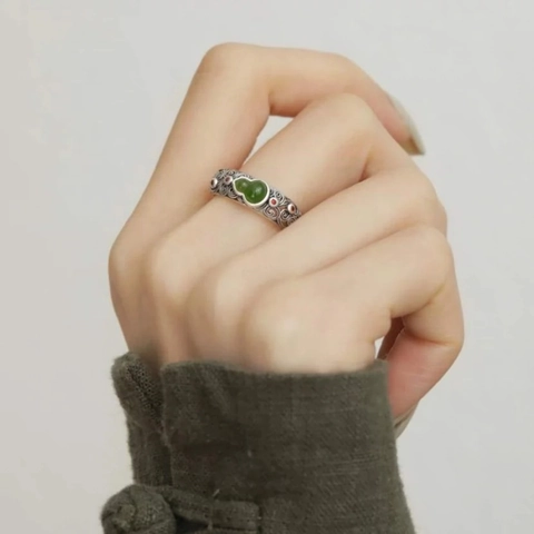 Koperen Ring In De Vorm Van Een Flespompoen Met Groene Gesimuleerde Jaspissteen Chinese Vintage Stijl Gelukswolk Filigraan Verstelbaar