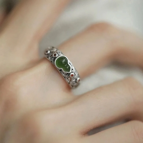 Koperen Ring In De Vorm Van Een Flespompoen Met Groene Gesimuleerde Jaspissteen Chinese Vintage Stijl Gelukswolk Filigraan Verstelbaar