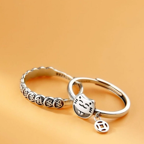 Lucky Cat Open Ring And Embossed Coin Band Ring Vintage Copper Jewelry Retro Ethnic Style Finger Decoration Women