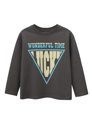 T-Shirt Manica Lunga Ragazzo 100 Per Cento Cotone Girocollo Stampa Grafica Casual Top Bambino Grigio Scuro