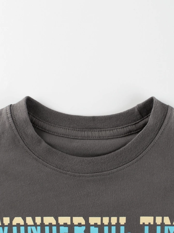 T-Shirt Manica Lunga Ragazzo 100 Per Cento Cotone Girocollo Stampa Grafica Casual Top Bambino Grigio Scuro