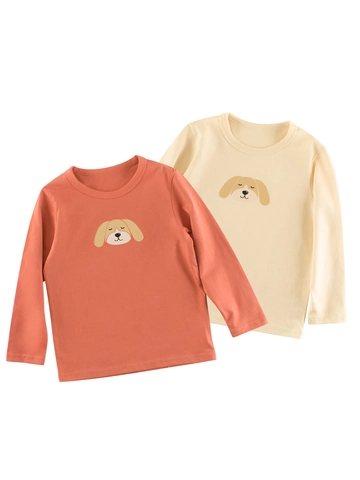 Girls Cute Cartoon Dog Print 100% Cotton Long Sleeve T-Shirt Korean Style Round Neck Casual Autumn Base Layer Top