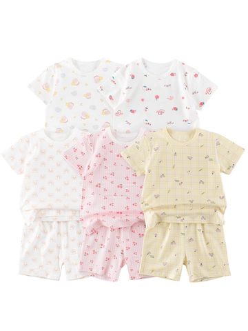 Kids Summer Cotton Short Sleeve Pajamas Set Top And Pants Cartoon Rainbow Fruit Print Toddler Girls Soft Loungewear