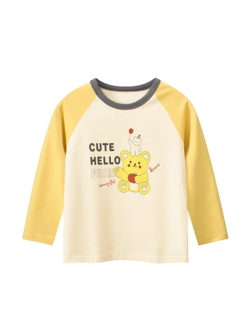 T-Shirt Manches Longues Fille 100% Coton Raglan Col Rond Imprimé Ours Dessin Animé Color Block Enfant Top Pullover