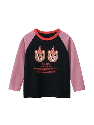 Girls T-Shirt Cotton Long Sleeve Raglan Contrast Color Cartoon Bear Print Autumn Casual Round Neck Top