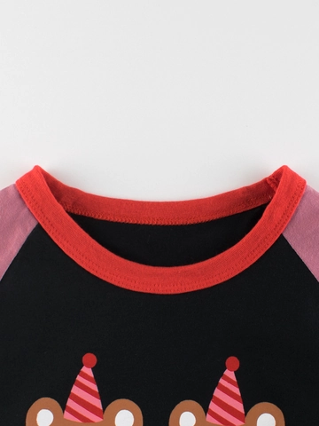 Girls T-Shirt Cotton Long Sleeve Raglan Contrast Color Cartoon Bear Print Autumn Casual Round Neck Top