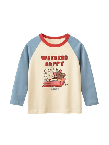 Maglietta da Bambina in Cotone a Maniche Lunghe Raglan con Stampa Cartone Animato Coniglio Orso Top Casual Girocollo